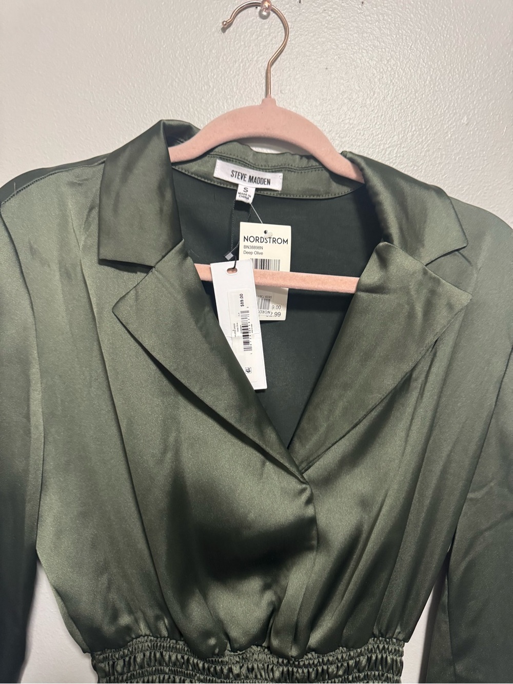 Steve Madden Long Sleeve Olive Green Satin Mini Shirtdress - Picture 7 of 9